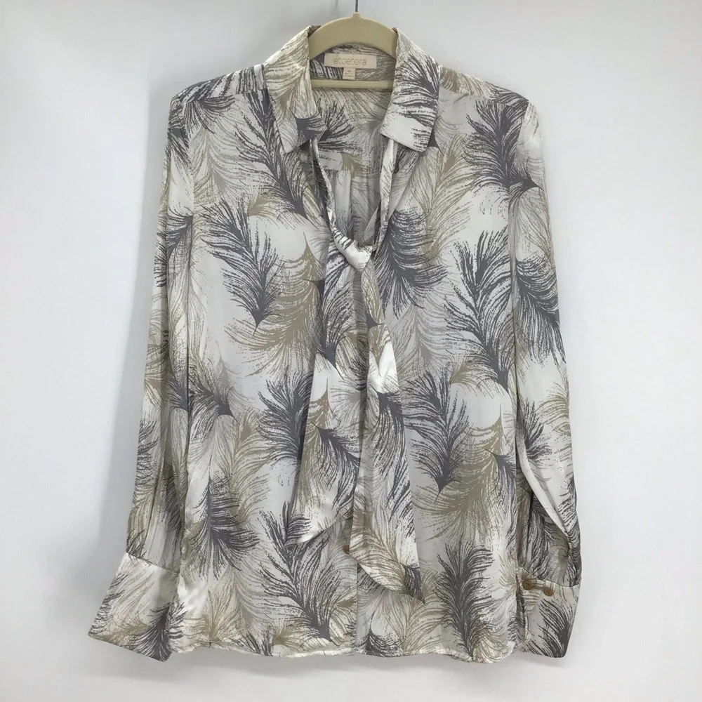 Etcetera Womenâs Silk Blend Feather Print Button-Up Blouse Neutral Colors Size 6